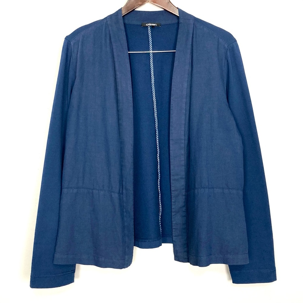 Olsen Woven Open Front Cardigan Women’s Size L Lagenlook Relaxed Fit Cotton Navy